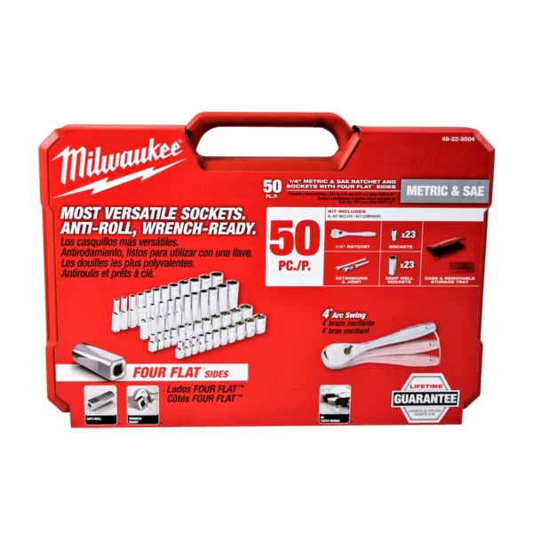 Milwaukee 50-Piece 1/4 in Drive Ratchet and Socket Set (48-22-9004) – 90-Tooth Slim Ratchet, SAE and Metric Sockets, Carrying Case
